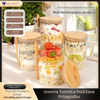 Staklena boca od visoko borosilikatnog jogurta i zobene kaše s poklopcem, žlicom, zatvorenim spremnikom, staklena posuda za pohranu žitarica i začina