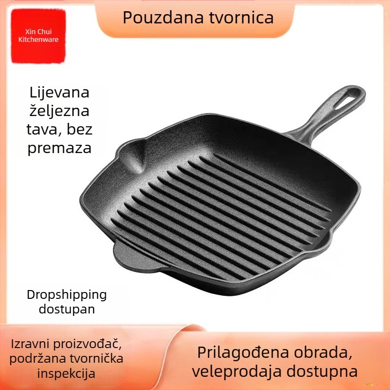 Zadebljana tava za odrezak od lijevanog željeza Prugasta tava za odrezak Neobložena tava za kućanstvo s neprianjajućim premazom
