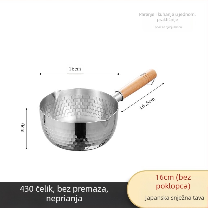 Tava za snijeg od nehrđajućeg čelika 304, neobložena posuda za mlijeko, tava za prženje s dodatkom prehrani, zadebljana posuda za instant rezance, japanska drvena ručka za juhu i mlijeko