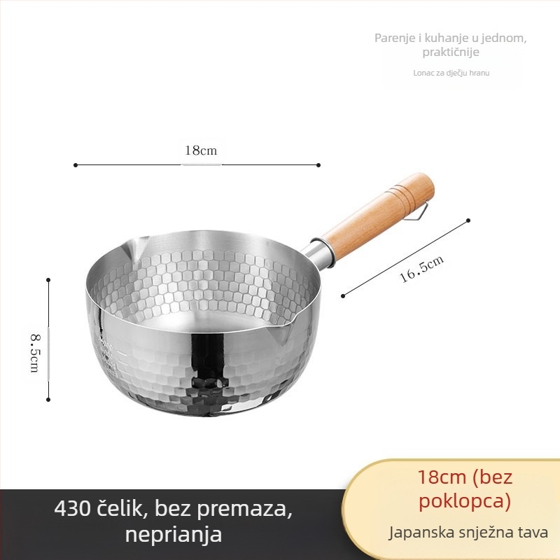 Tava za snijeg od nehrđajućeg čelika 304, neobložena posuda za mlijeko, tava za prženje s dodatkom prehrani, zadebljana posuda za instant rezance, japanska drvena ručka za juhu i mlijeko