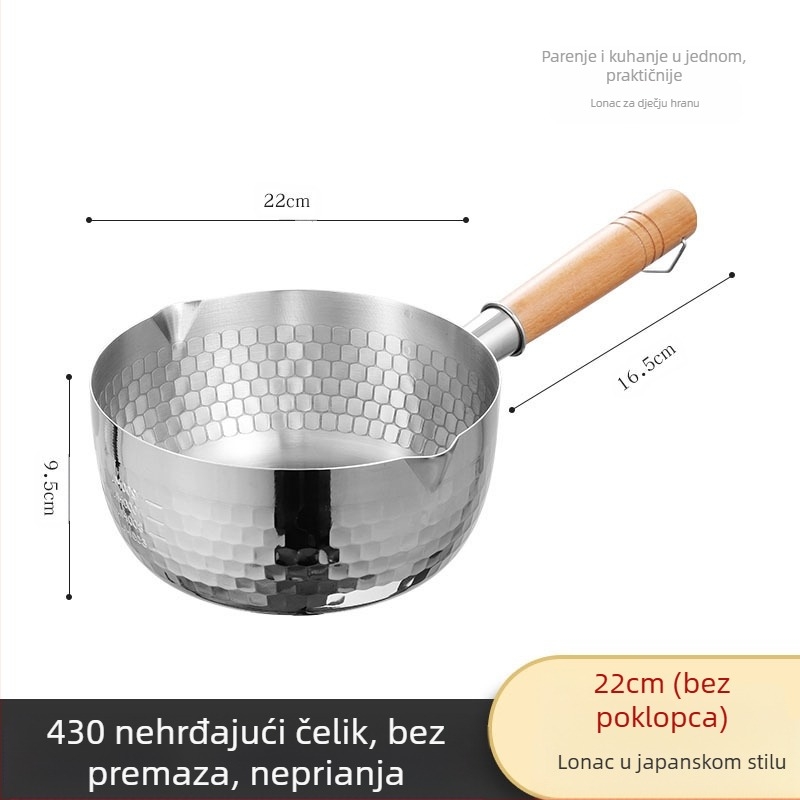 Tava za snijeg od nehrđajućeg čelika 304, neobložena posuda za mlijeko, tava za prženje s dodatkom prehrani, zadebljana posuda za instant rezance, japanska drvena ručka za juhu i mlijeko