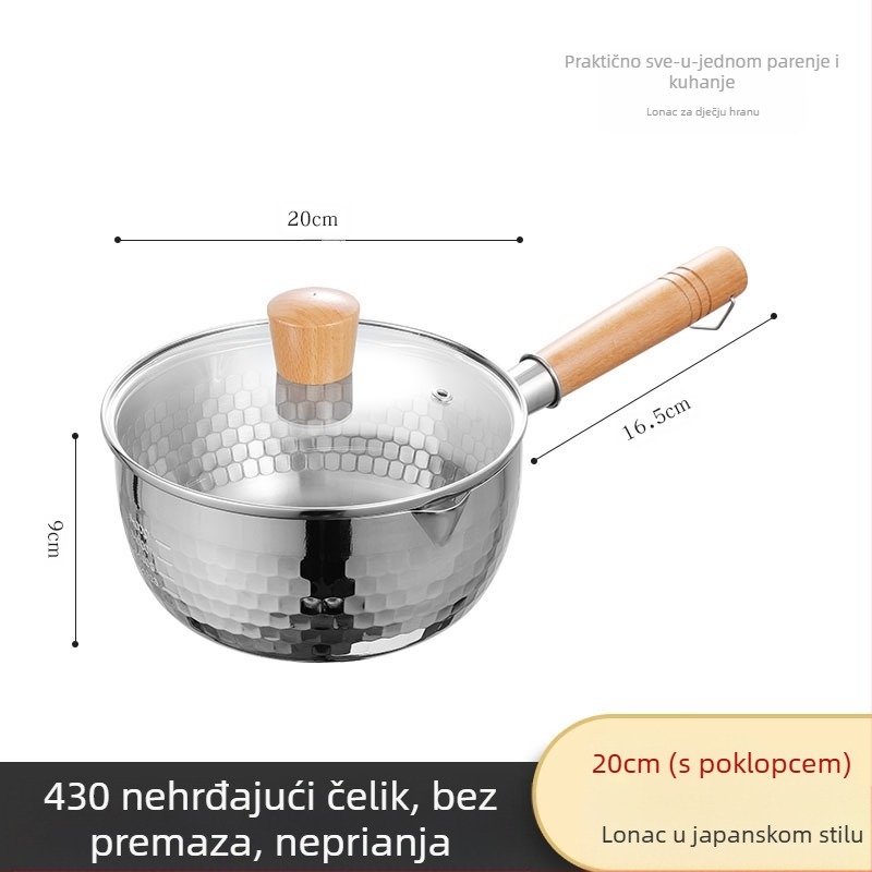 Tava za snijeg od nehrđajućeg čelika 304, neobložena posuda za mlijeko, tava za prženje s dodatkom prehrani, zadebljana posuda za instant rezance, japanska drvena ručka za juhu i mlijeko