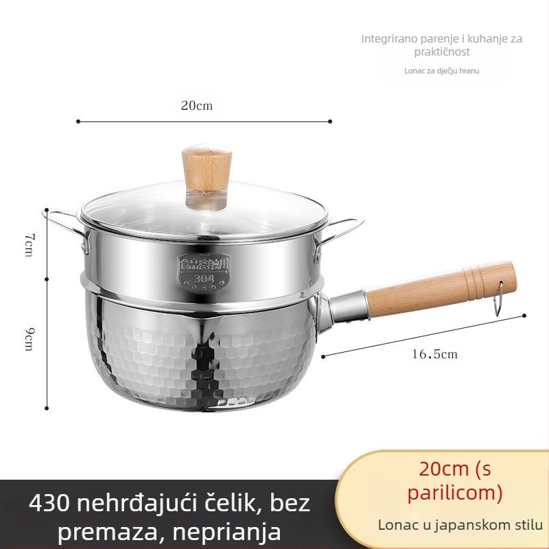 Tava za snijeg od nehrđajućeg čelika 304, neobložena posuda za mlijeko, tava za prženje s dodatkom prehrani, zadebljana posuda za instant rezance, japanska drvena ručka za juhu i mlijeko