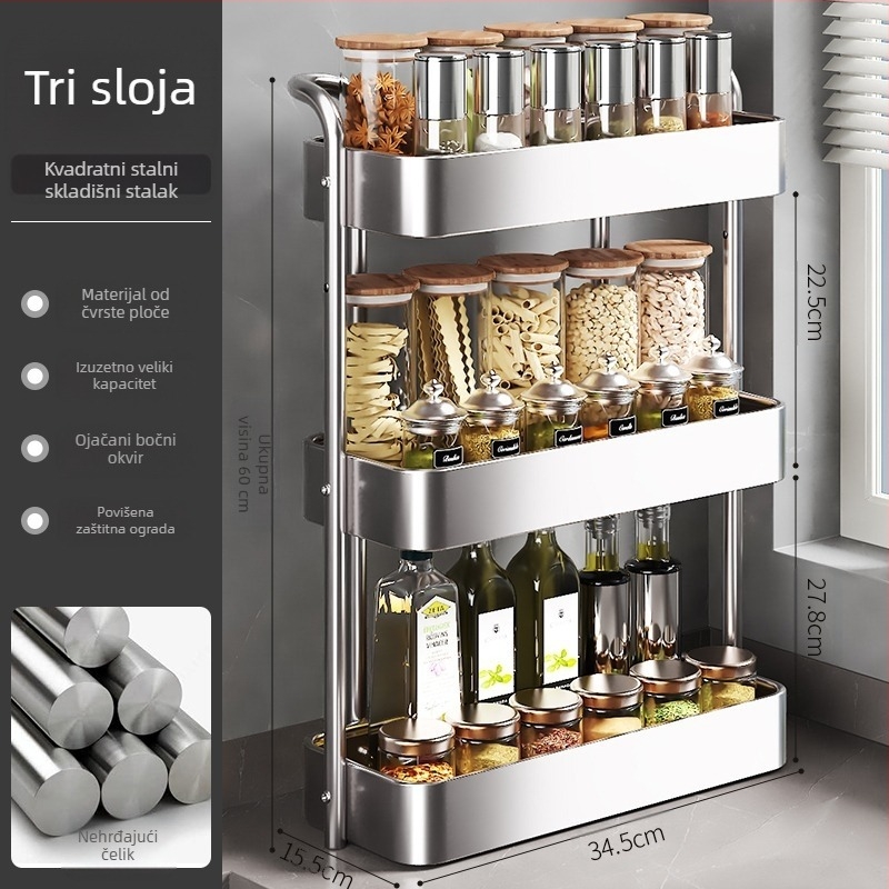 Stalak za pohranu kuhinjskih začina od nehrđajućeg čelika, stolni višenamjenski uski stalak za začine, ulje, sol, umak, ocat