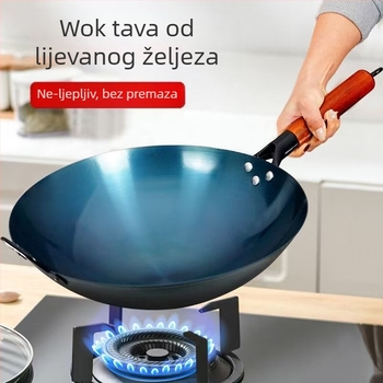 Posebni željezni lonac hotelskog kuhara s drvenom ručkom, starinski kućni wok, zadebljani wok, nije lako zalijepiti, okrugli lonac bez premaza