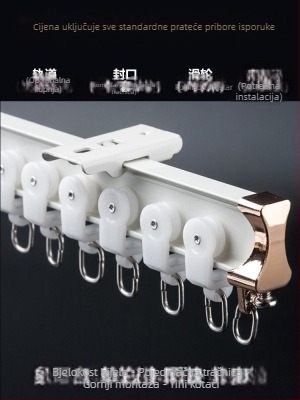 Kolotura za zavjese, gornja montaža, kuka, bočna montaža, zakrivljena tračnica, prozorski otvor od aluminijske legure, dvostruka tračnica, klizna vodilica za isključivanje zvuka