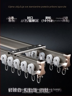 Kolotura za zavjese, gornja montaža, kuka, bočna montaža, zakrivljena tračnica, prozorski otvor od aluminijske legure, dvostruka tračnica, klizna vodilica za isključivanje zvuka