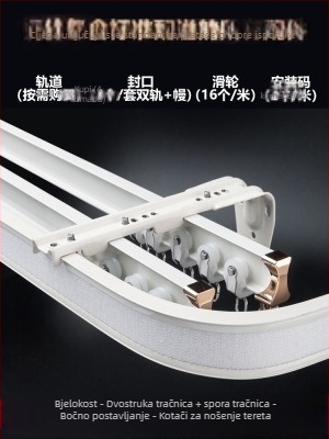 Kolotura za zavjese, gornja montaža, kuka, bočna montaža, zakrivljena tračnica, prozorski otvor od aluminijske legure, dvostruka tračnica, klizna vodilica za isključivanje zvuka