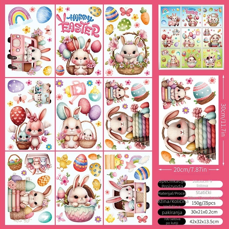 2025 Nova 3D stereo elektrostatička naljepnica s uskršnjim zečićem i jajetom, piletom, dekorativna naljepnica za prozorsko staklo