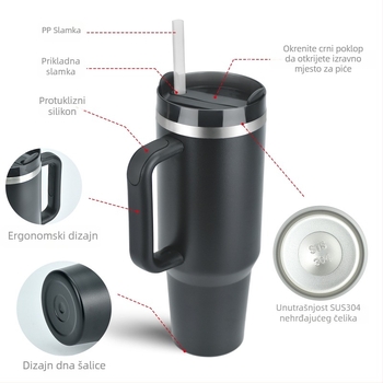 SX prekogranična auto čaša od 40 oz s velikom ručkom, prijenosna termosica za auto, od nehrđajućeg čelika 304 slamka