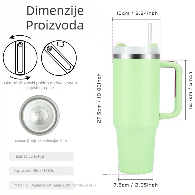 SX prekogranična auto čaša od 40 oz s velikom ručkom, prijenosna termosica za auto, od nehrđajućeg čelika 304 slamka