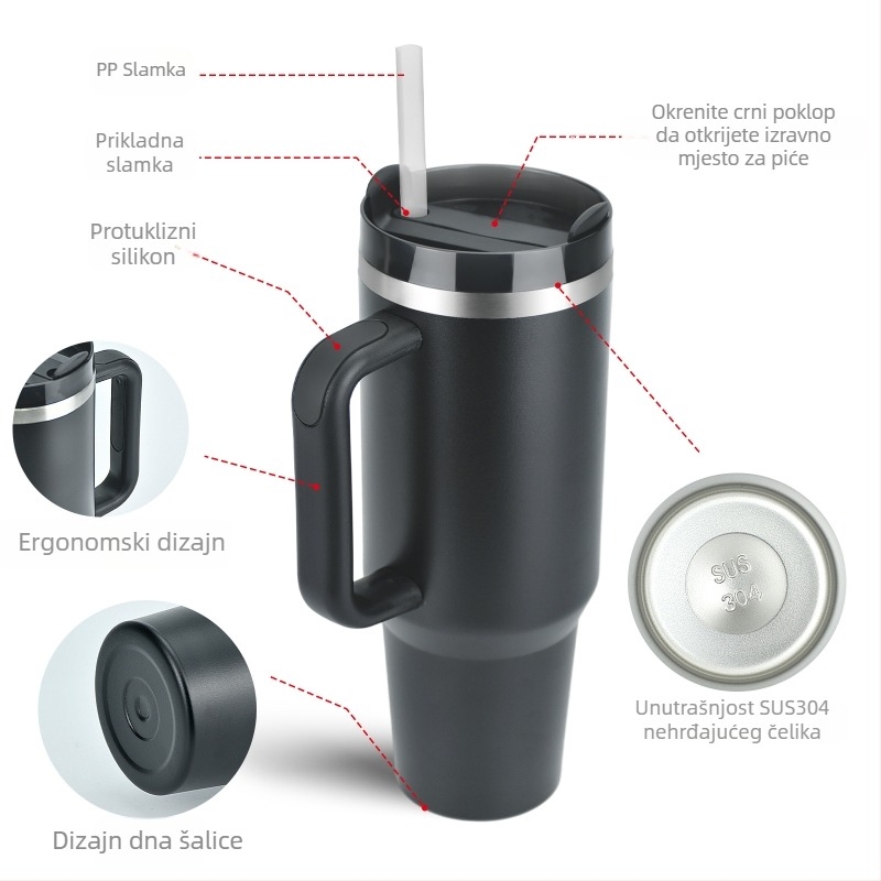 SX prekogranična auto čaša od 40 oz s velikom ručkom, prijenosna termosica za auto, od nehrđajućeg čelika 304 slamka