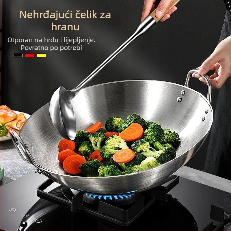 Wok od nehrđajućeg čelika s dvostrukim uhom, komercijalna jednoručna kuharska velika tava s okruglim dnom, neprianjajuća tava za kućanstvo, wok, poseban za plinski štednjak