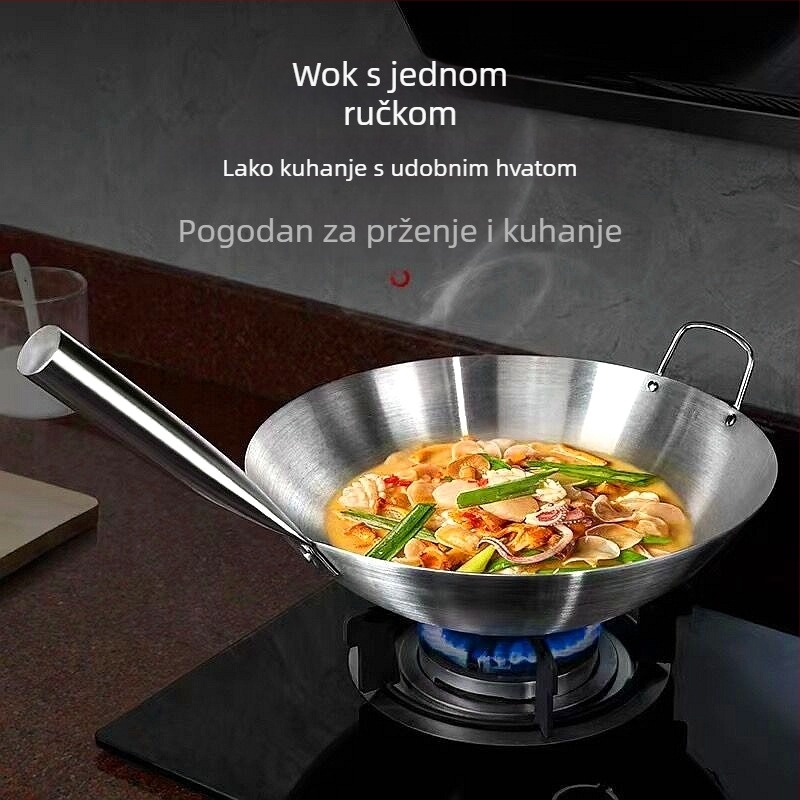 Wok od nehrđajućeg čelika s dvostrukim uhom, komercijalna jednoručna kuharska velika tava s okruglim dnom, neprianjajuća tava za kućanstvo, wok, poseban za plinski štednjak
