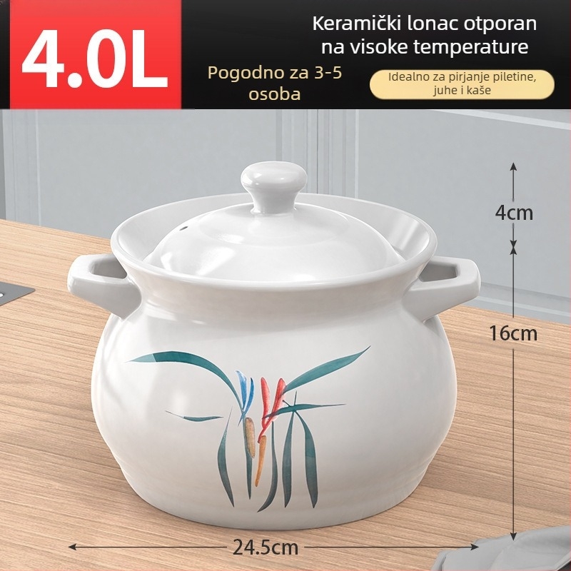 Veliki bijeli porculanski lonac, otporan na visoke temperature, pogodan za plinske štednjake, idealan za pirjanje piletine i mesa, kuhanje kaše i lonac velikog kapaciteta za juhu, posebno dizajniran za suho izgaranje