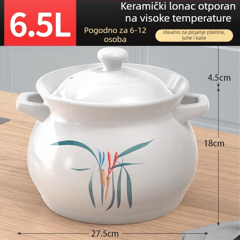Veliki bijeli porculanski lonac, otporan na visoke temperature, pogodan za plinske štednjake, idealan za pirjanje piletine i mesa, kuhanje kaše i lonac velikog kapaciteta za juhu, posebno dizajniran za suho izgaranje