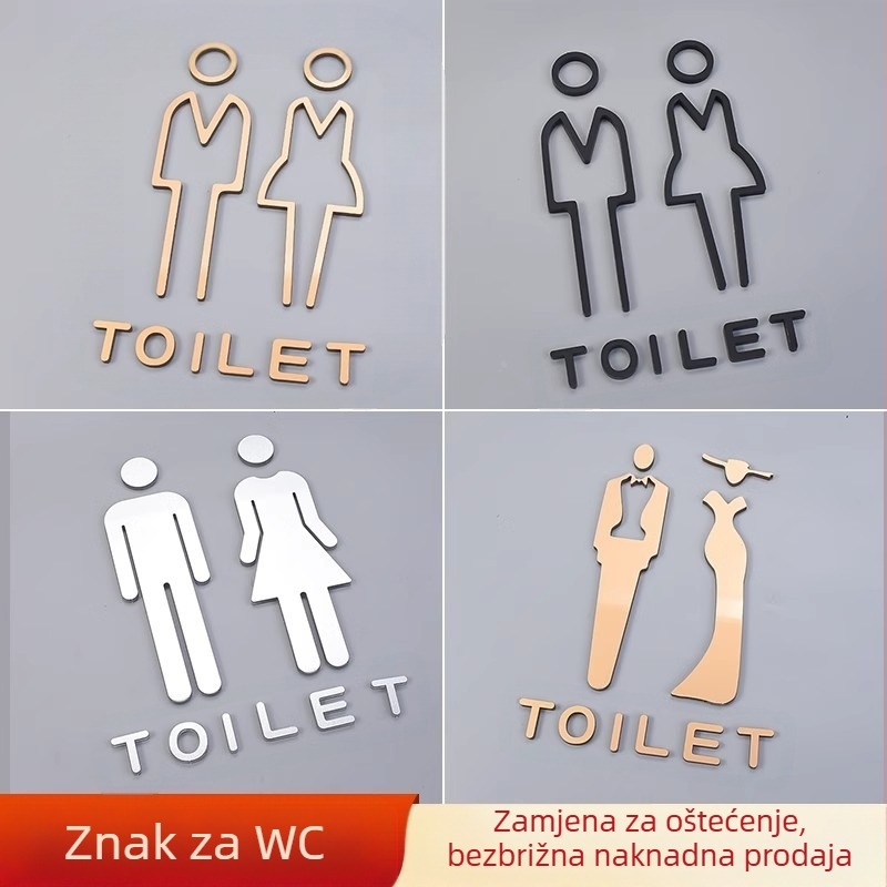 Naljepnice s uputama za kupaonicu, akrilni zadebljani znakovi za vrata, zlatni stereo uzorci, izrezani srebrni znakovi za muške i ženske toalete
