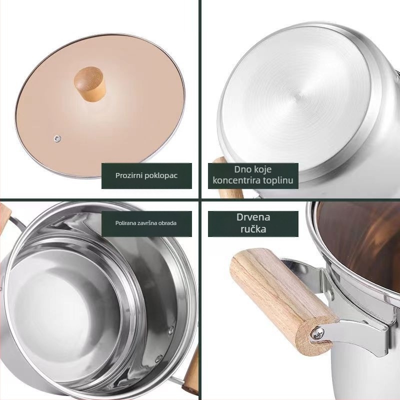 Nemagnetski zadebljani lonac za juhu od nehrđajućeg čelika, lonac za mlijeko, lonac za dodatke prehrani, lonac za kuhanje, vrući lonac, plinski indukcijski štednjak, univerzalni neprianjajući