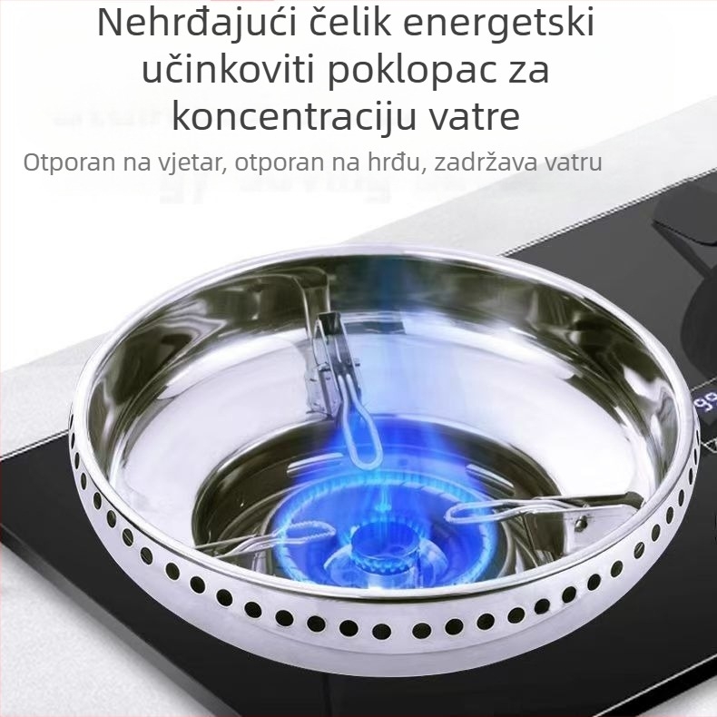 Nehrđajući čelik, vjetrootporni poklopac, dvoslojni plinski štednjak, energetski štedljivi prsten za vatru, nosač plinskog štednjaka, jednoslojni pribor za kućanstvo