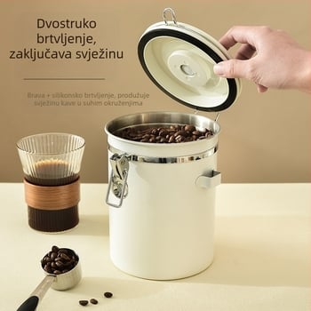 304 zrna kave, zatvorene limenke, datum snimanja, limenke za čuvanje kave u prahu, limenke riže, orašastih plodova i žitarica, kutija za održavanje svježine sa žlicom