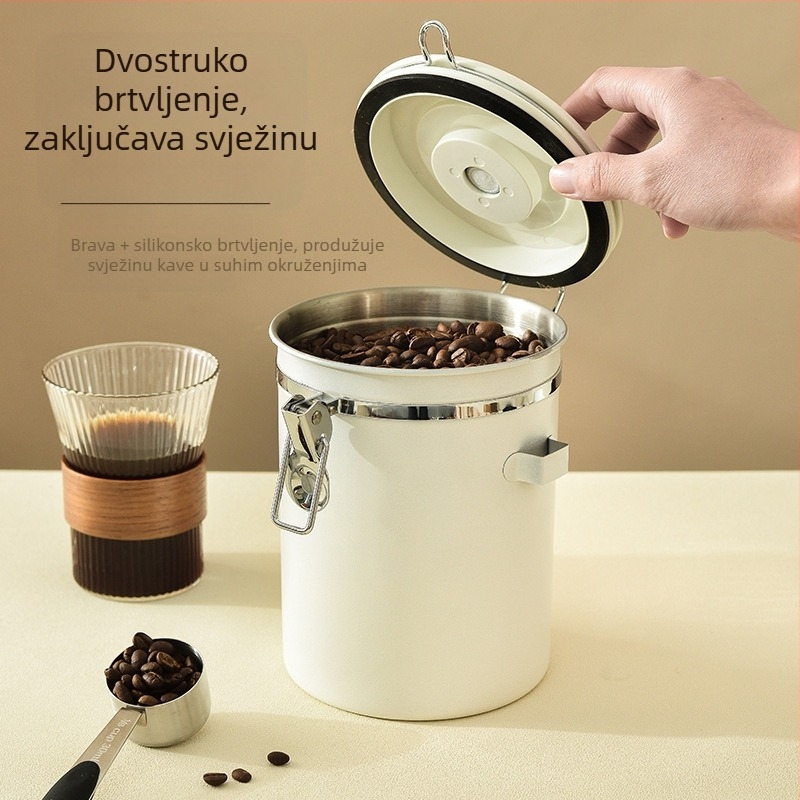 304 zrna kave, zatvorene limenke, datum snimanja, limenke za čuvanje kave u prahu, limenke riže, orašastih plodova i žitarica, kutija za održavanje svježine sa žlicom