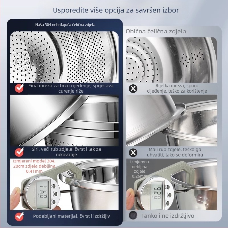 Umivaonik od nehrđajućeg čelika 304 zadebljan i višenamjenski umivaonik, umivaonik za povrće, umivaonik za jaja, umivaonik za kućanstvo s juhom