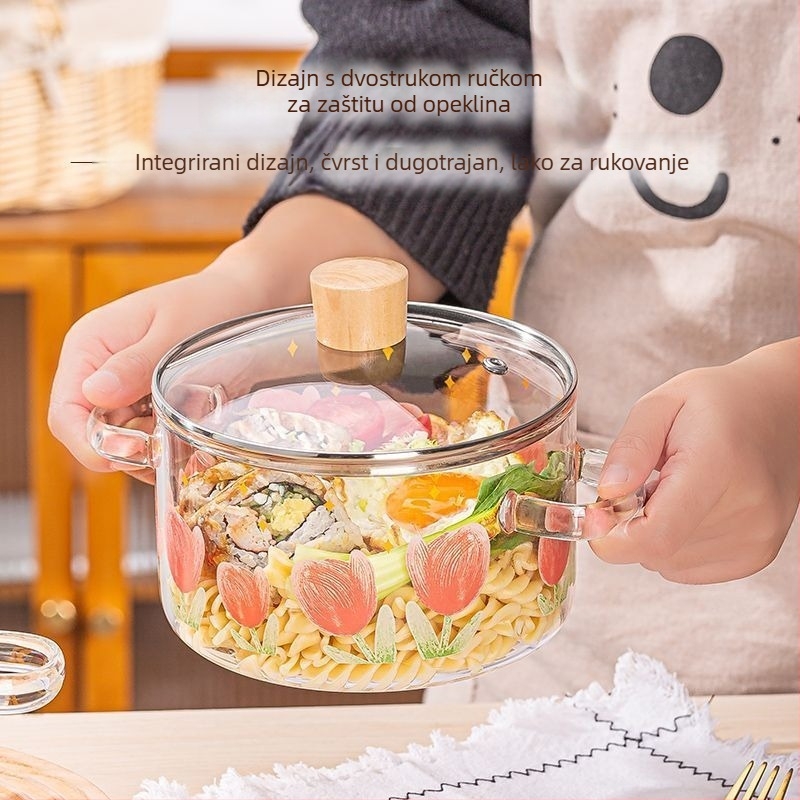 Staklena posuda u obliku tulipana od visoko borosilikatnog stakla, prozirna keramička zdjela za rezance na električnom štednjaku, indukcijsko kuhalo, otporno na visoke temperature, s poklopcem i dvostrukim ručkama