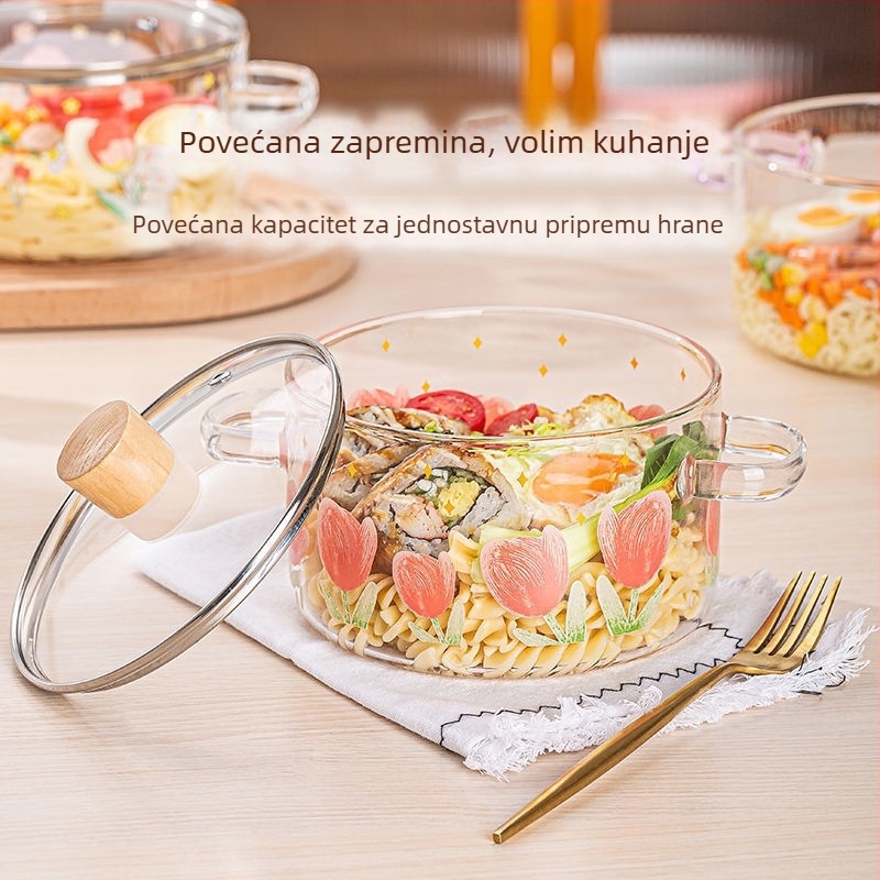 Staklena posuda u obliku tulipana od visoko borosilikatnog stakla, prozirna keramička zdjela za rezance na električnom štednjaku, indukcijsko kuhalo, otporno na visoke temperature, s poklopcem i dvostrukim ručkama