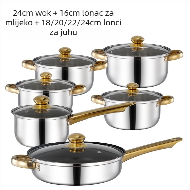 Prekogranični zadebljani set od dvanaest dijelova s dvostrukim dnom od nehrđajućeg čelika, lonac za mlijeko s jednom ručkom, lonac za juhu s dvostrukim uhom, set od šest dijelova za poklon lonac