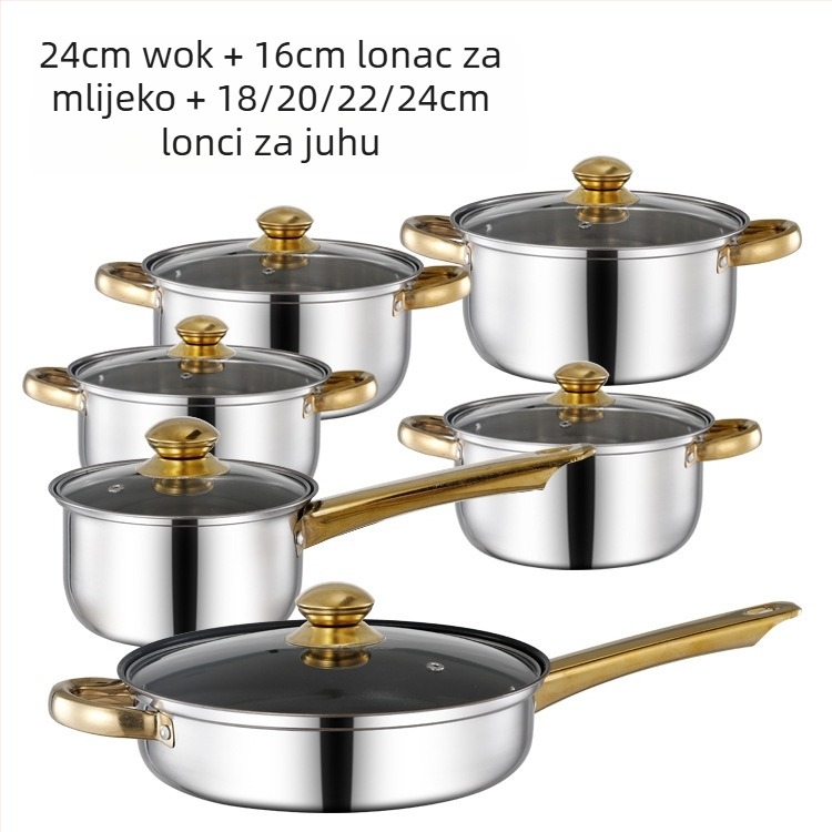 Prekogranični zadebljani set od dvanaest dijelova s dvostrukim dnom od nehrđajućeg čelika, lonac za mlijeko s jednom ručkom, lonac za juhu s dvostrukim uhom, set od šest dijelova za poklon lonac