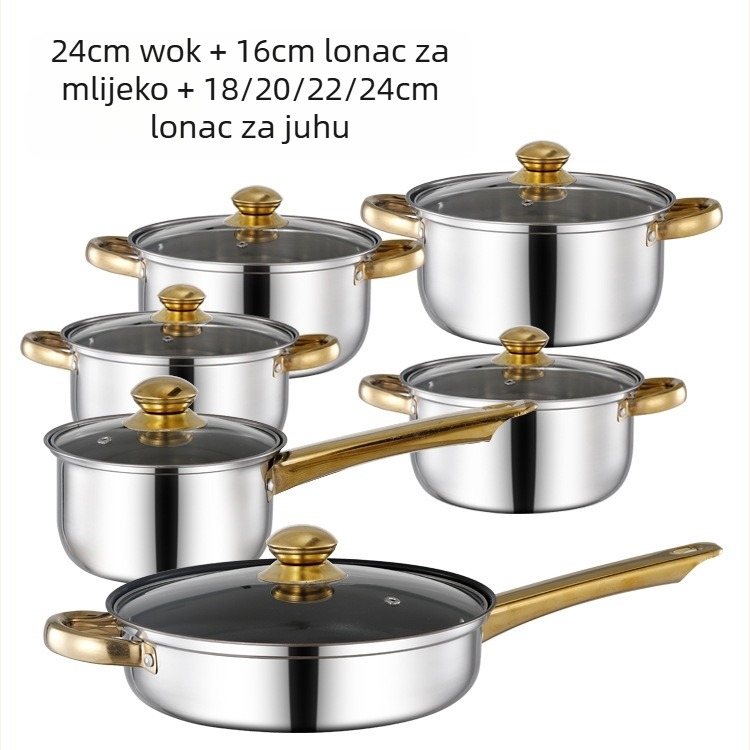 Prekogranični zadebljani set od dvanaest dijelova s dvostrukim dnom od nehrđajućeg čelika, lonac za mlijeko s jednom ručkom, lonac za juhu s dvostrukim uhom, set od šest dijelova za poklon lonac