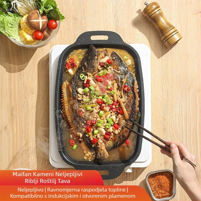 Maifan kameni tanjur za ribu, pravokutna ploča za roštilj za indukcijsko kuhalo, ploča za roštilj, teppanyaki, prijenosna ploča za roštilj