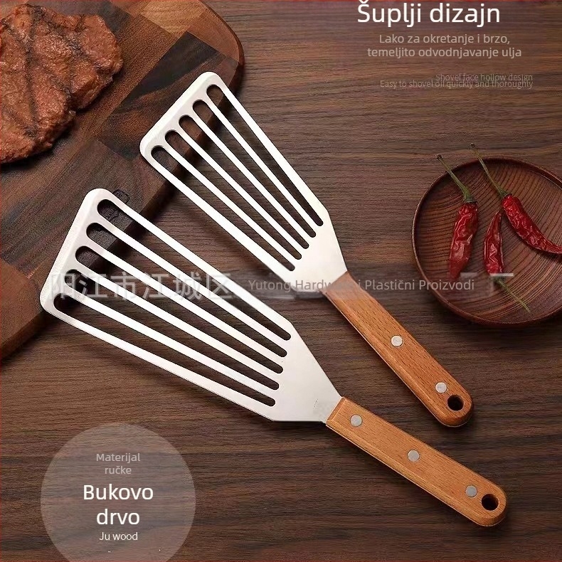 Lopata za prženu ribu od nehrđajućeg čelika, lopata za odrezak, lopata za prženu ribu, kućanska pržena pržena prolivena lopata s drvenom drškom, plastična lopata za kuhanje, lopata za kuhanje, kuhinjski alati
