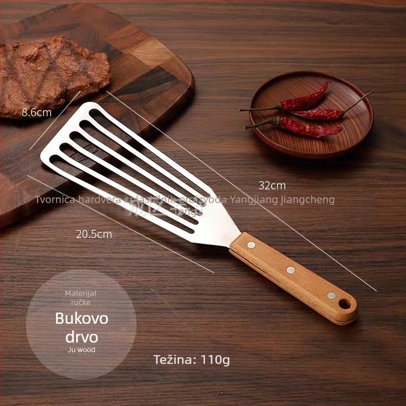 Lopata za prženu ribu od nehrđajućeg čelika, lopata za odrezak, lopata za prženu ribu, kućanska pržena pržena prolivena lopata s drvenom drškom, plastična lopata za kuhanje, lopata za kuhanje, kuhinjski alati