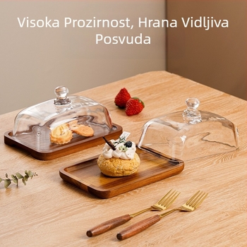 Prekogranični popularan tanjur za desert s grickalicama, pravokutni tanjur za maslac od akacijevog drva, stakleni poklopac, tanjur za maslac sira