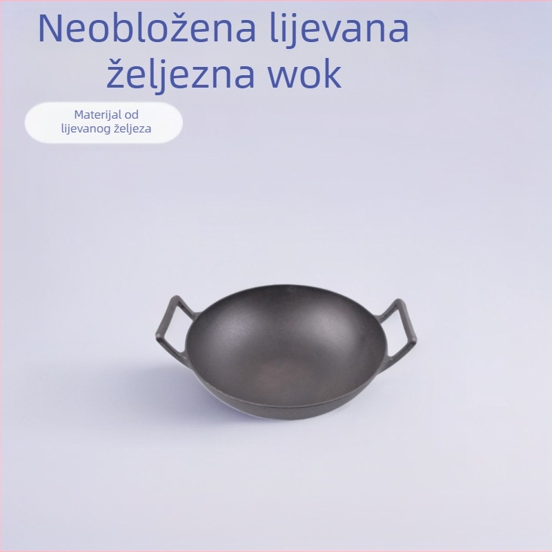 Tvornica veleprodaja neobloženih velikih wok zadebljanih kuhinjskih neprianjajućih tava s dvostrukim uhom, staromodna lijevano željezna wok kućanska tava od željeza