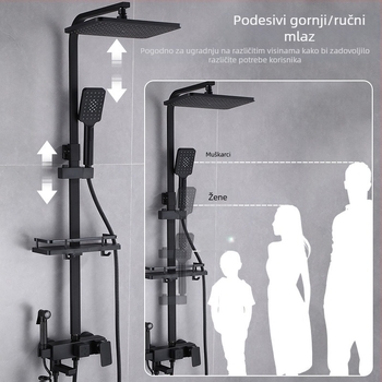 Crni termostatski tuš, potpuno bakreni miješajući ventil za toplu i hladnu vodu, kupaonski tuš s pojačalom, veleprodaja za kupaonicu