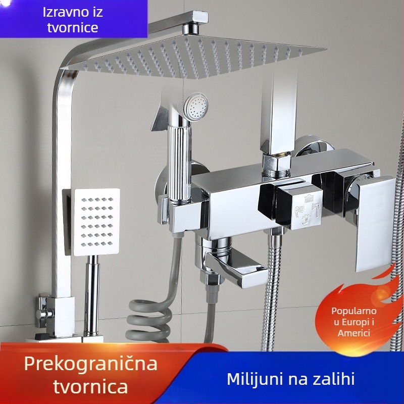 Crni termostatski tuš, potpuno bakreni miješajući ventil za toplu i hladnu vodu, kupaonski tuš s pojačalom, veleprodaja za kupaonicu