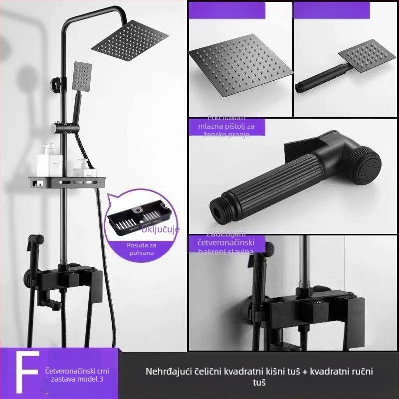Crni termostatski tuš, potpuno bakreni miješajući ventil za toplu i hladnu vodu, kupaonski tuš s pojačalom, veleprodaja za kupaonicu