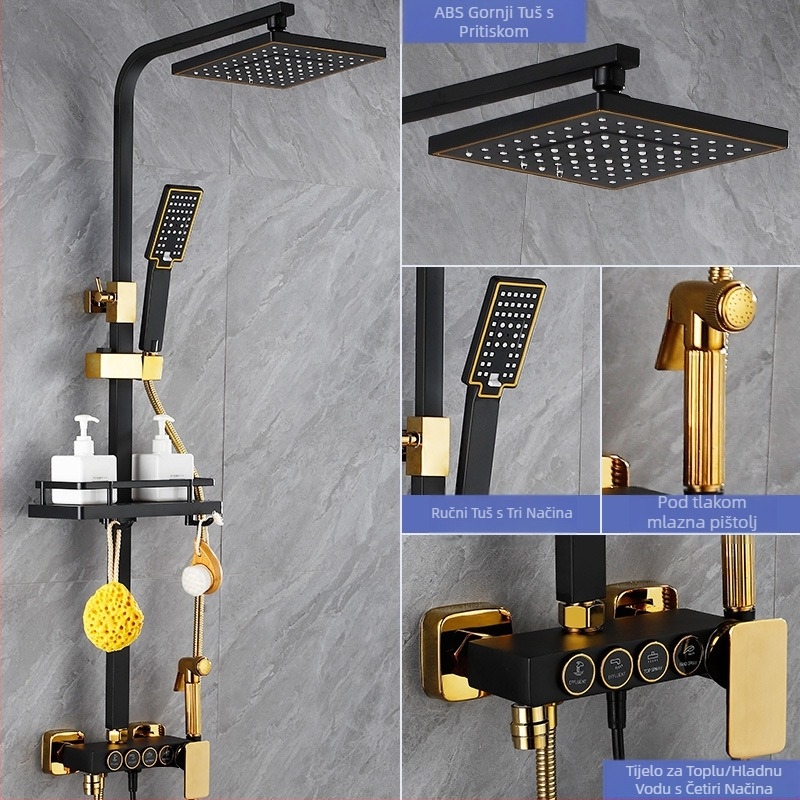 Crni termostatski tuš, potpuno bakreni miješajući ventil za toplu i hladnu vodu, kupaonski tuš s pojačalom, veleprodaja za kupaonicu