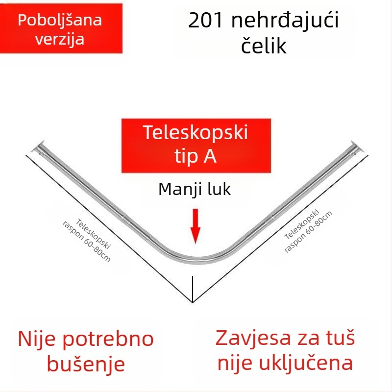 Shangtao kupaonska zakrivljena šipka za zavjesu za tuš, teleskopska šipka za tuš bez bušenja, šipka za kadu u obliku lepeze od nehrđajućeg čelika 304