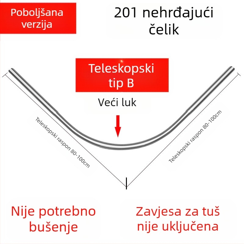 Shangtao kupaonska zakrivljena šipka za zavjesu za tuš, teleskopska šipka za tuš bez bušenja, šipka za kadu u obliku lepeze od nehrđajućeg čelika 304