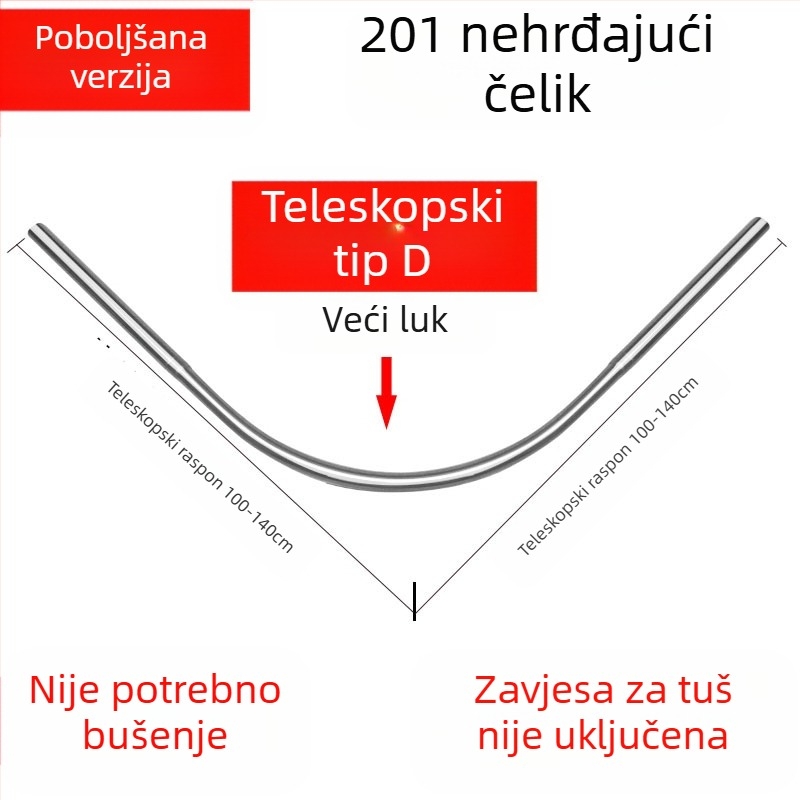 Shangtao kupaonska zakrivljena šipka za zavjesu za tuš, teleskopska šipka za tuš bez bušenja, šipka za kadu u obliku lepeze od nehrđajućeg čelika 304