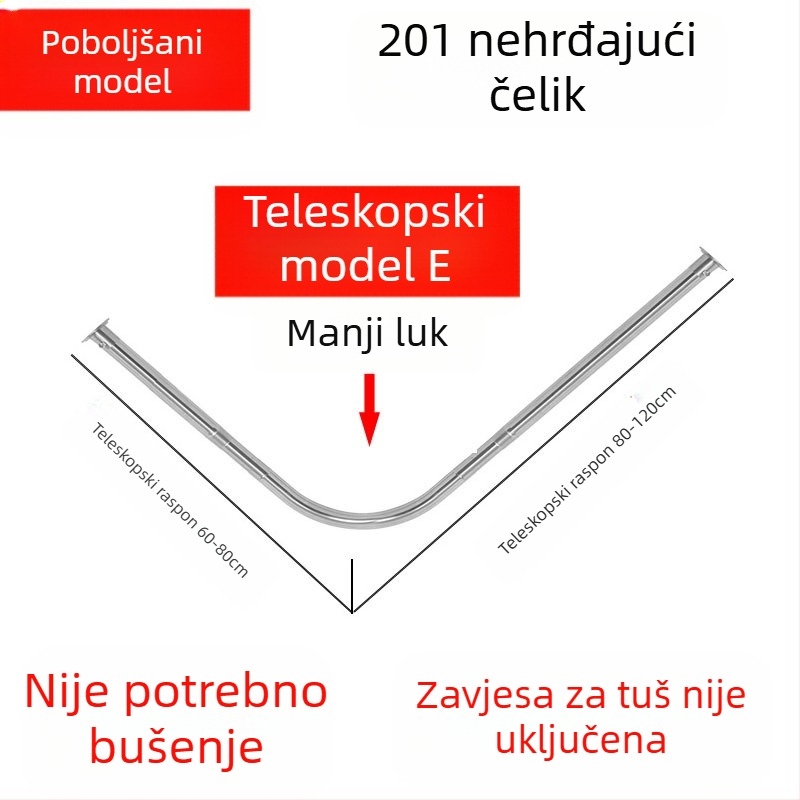 Shangtao kupaonska zakrivljena šipka za zavjesu za tuš, teleskopska šipka za tuš bez bušenja, šipka za kadu u obliku lepeze od nehrđajućeg čelika 304