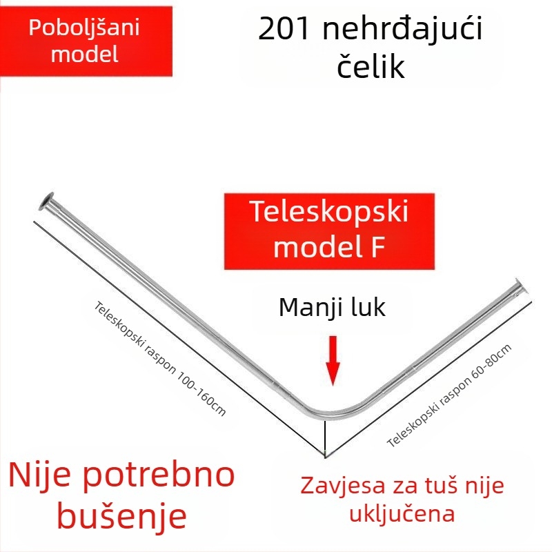 Shangtao kupaonska zakrivljena šipka za zavjesu za tuš, teleskopska šipka za tuš bez bušenja, šipka za kadu u obliku lepeze od nehrđajućeg čelika 304