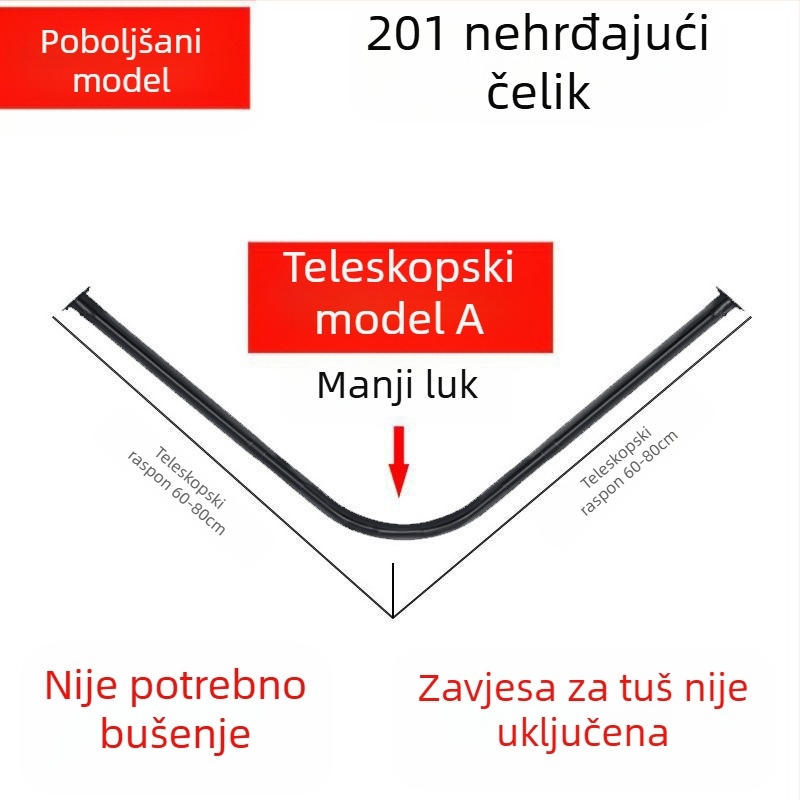 Shangtao kupaonska zakrivljena šipka za zavjesu za tuš, teleskopska šipka za tuš bez bušenja, šipka za kadu u obliku lepeze od nehrđajućeg čelika 304