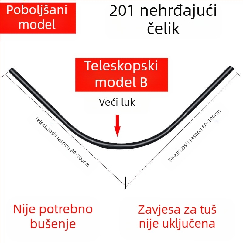 Shangtao kupaonska zakrivljena šipka za zavjesu za tuš, teleskopska šipka za tuš bez bušenja, šipka za kadu u obliku lepeze od nehrđajućeg čelika 304