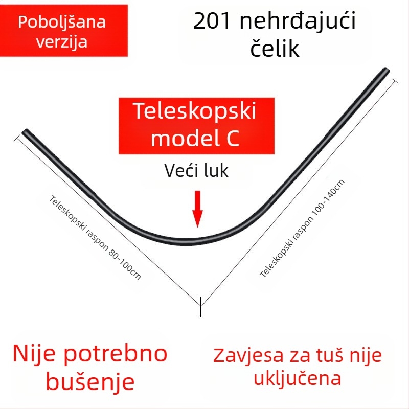Shangtao kupaonska zakrivljena šipka za zavjesu za tuš, teleskopska šipka za tuš bez bušenja, šipka za kadu u obliku lepeze od nehrđajućeg čelika 304