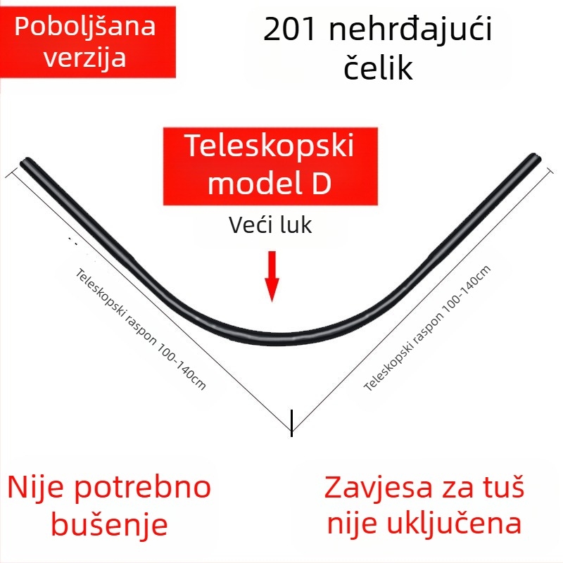 Shangtao kupaonska zakrivljena šipka za zavjesu za tuš, teleskopska šipka za tuš bez bušenja, šipka za kadu u obliku lepeze od nehrđajućeg čelika 304
