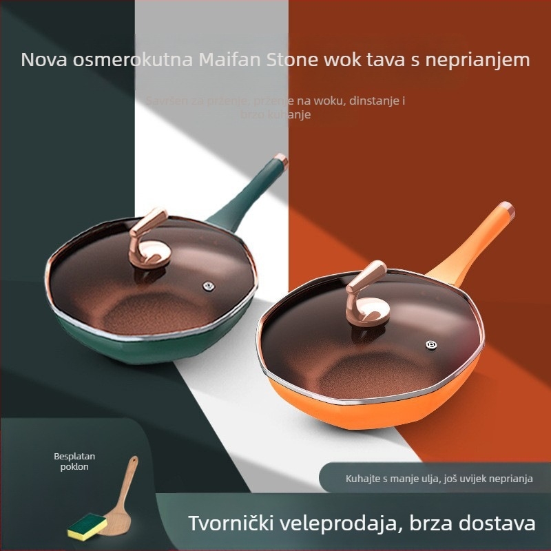 Maifan kamena osmerokutna tava, neprianjajuća tava, zadebljana tava, kuhinjski wok, kućanski, višenamjenski wok, plinski univerzalni
